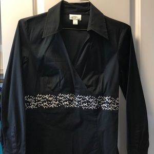 Pretty black faux wrap shirt w silver embroidery